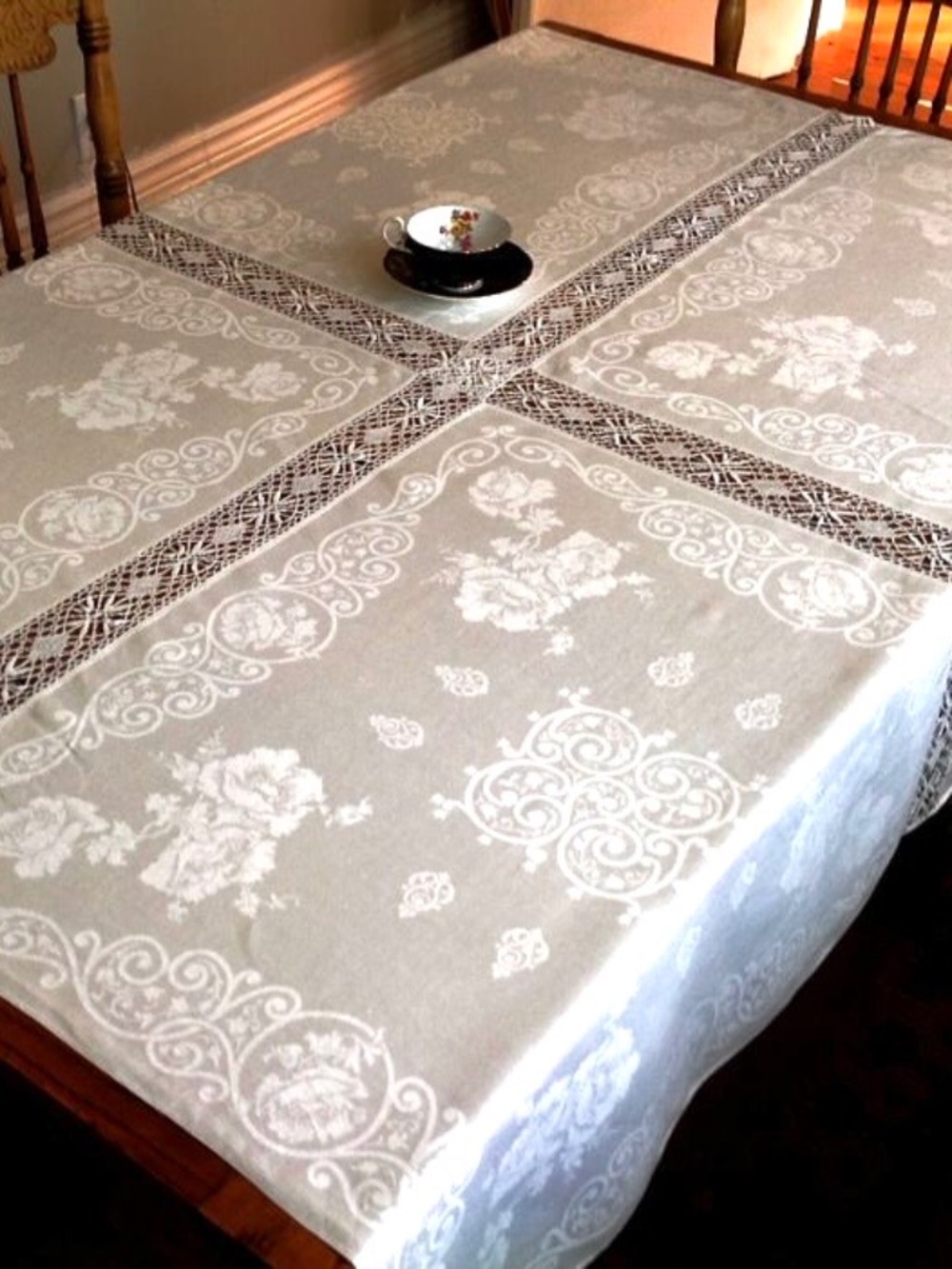 Damask fine white linen tablecloth…inserts..56” sq